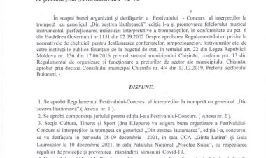 Dispoziția nr.229-d din 29.11.2021 Cu privire la organizarea și desfășurarea Festivalului - Concurs al interpreților la trompetă cu genericul " Din zestrea lăutărească" ed. I-ea.
