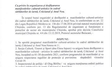 Dispoziția nr. 230-d din 29.11.2021 Cu privire la organizarea și desfășurarea manifestărilor cultural-artistice în cadrul sărbătorilor de iarnă, Crăciunul și Anul Nou.