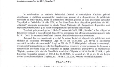 Dispoziția nr. 232-d din 29.11.2021 Cu privire la demontarea dispozitivelor publicitare din strada Alexei Mateevici, 60, instalate neautorizat de SRL "Standart".