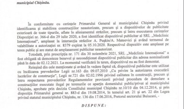 Dispoziția nr.233-d din 03.12.2021 Cu privire la demontarea dispozitivului publicitar al SRL "Medclinic Internațional" din strada A. Pușkin ,strada A. Mateevici, 60, mun.Chișinău.