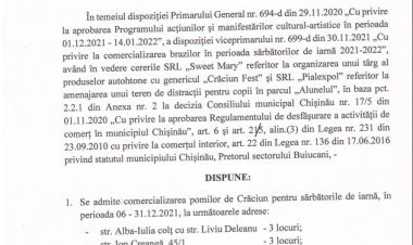 Dispoziția nr.  236-d din 03.12.2021 Cu privire  la organizarea activităților comerciale și recreative pe perioada sărbătorilor de iarnă în sectorul Buiucani.