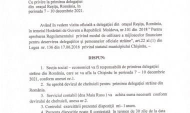 Dispoziția nr. 237-d din 08.12.2021 Cu privire la primirea delegației din orașul Reșița, Romînia, în perioada 07-10 decembrie 2021.