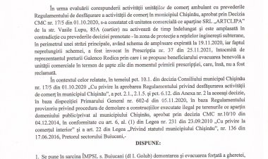 Dispoziția nr. 240-d din 17.12.2021 Cu privire la demontarea și evacuarea forțată a gheretei din str. Vasile Lupu, 85 A /cartier/ ce aparține SRL "ARTCLIPA".