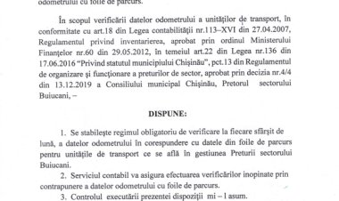 Dispoziția nr. 241-d din 17.12.2021 Cu privire la atribuirea responsabilității de verificare periodică inopinată a datelor odometrului cu foile de parcurs.