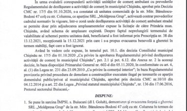 Dispoziția nr. 242-d din 24.12.2021 Cu privire la demontarea și evacuarea forțată a gheretei SRL "Moldpresa Grup" din str. Mitr. Bănulescu-Bodoni, 47 colț str. Columna.