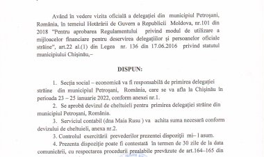Dispoziția nr. 02-d din 20.01.2022 Cu privire la primirea delegației din municipiul Petroșani, Romînia, în perioada 23-25 ianuarie 2022.