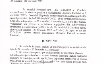 Dispoziția nr. 03-d din 24.01.2022 Cu privire la activitatea angajaților din cadrul preturii în perioada 24 ianuarie - 20 februarie 2022.