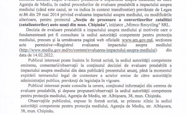 ANUNȚUL PUBLIC privind aprobarea deciziei etapei de evaluare prealabilă a impactului asupra mediului a activității planificate.  /" Mireco Recycling" SRL/