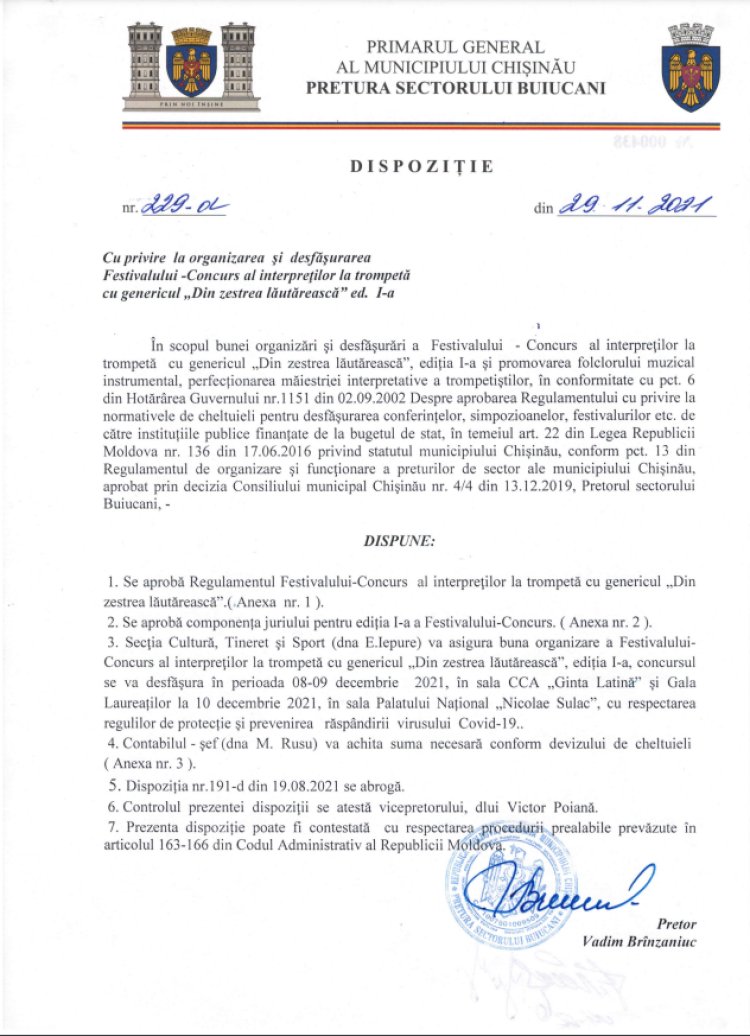 Dispoziția nr.229-d din 29.11.2021 Cu privire la organizarea și desfășurarea Festivalului - Concurs al interpreților la trompetă cu genericul " Din zestrea lăutărească" ed. I-ea.