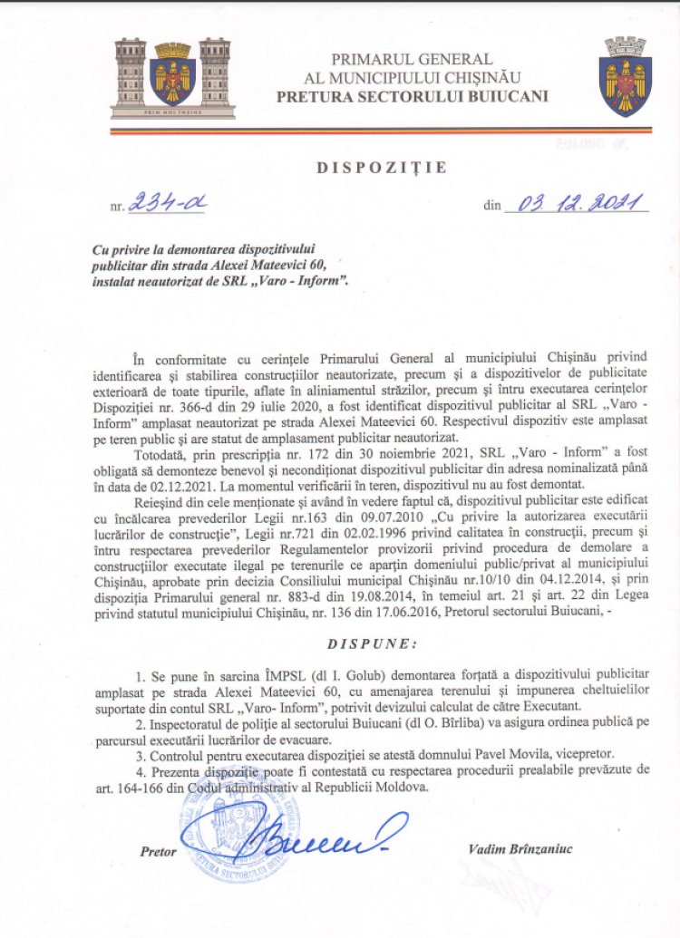 Dispoziția 234-d Cu privire la demontarea dispozitivului publicitar din strada Alexei Mateevici, 60, instalat neautorizat de SRL  " Varo-Inform".
