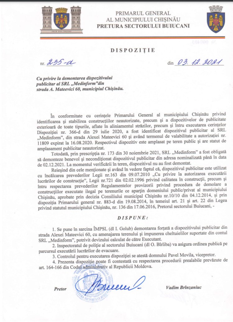 Dispoziția nr. 235-d din 03.12.2021 Cu privire la demontarea dispozitivului publicitar al SRL " Medinform" din strada A. Mateevici, 60, mun. Chișinău.