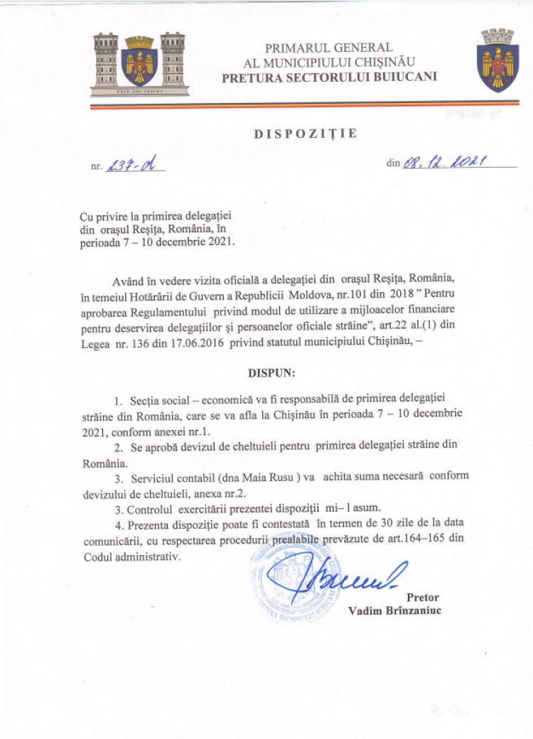 Dispoziția nr. 237-d din 08.12.2021 Cu privire la primirea delegației din orașul Reșița, Romînia, în perioada 07-10 decembrie 2021.