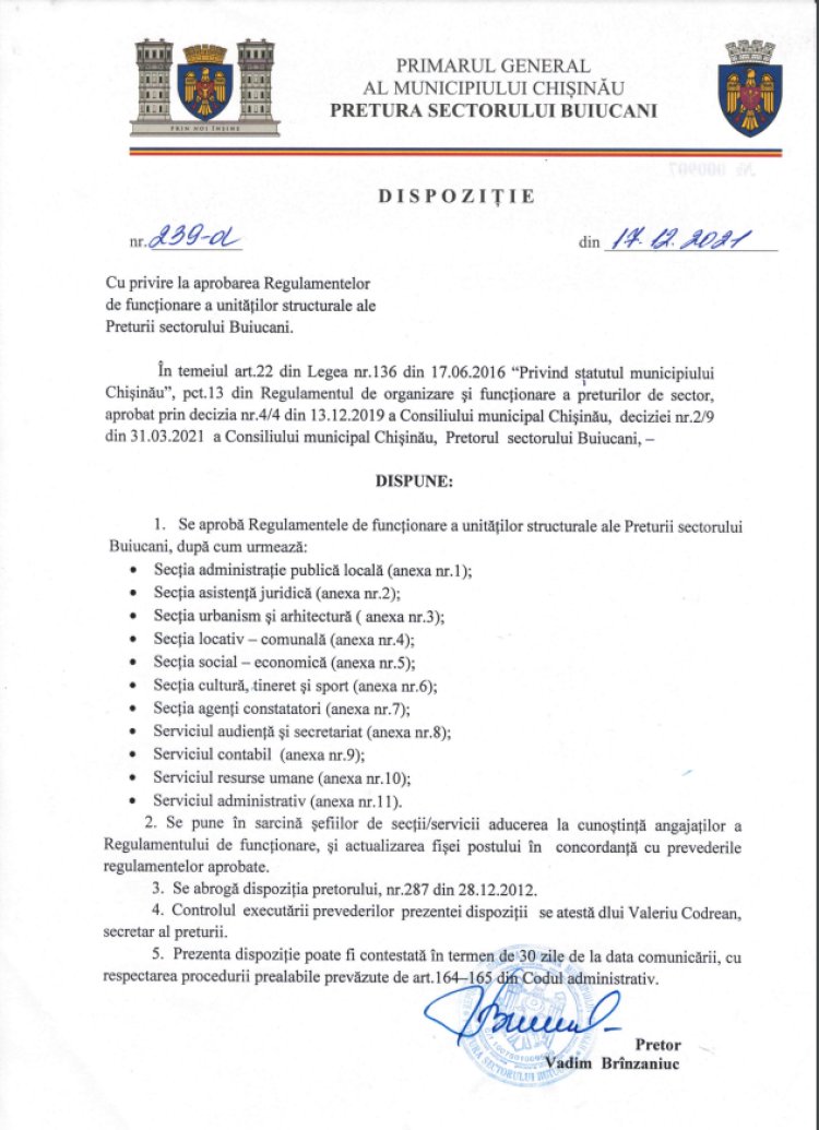 Dispoziția nr. 239-d din 17.12.2021 Cu privire la aprobarea Regulamentelor de funcționare a unităților structurale ale Preturiin sectorului Buiucani.
