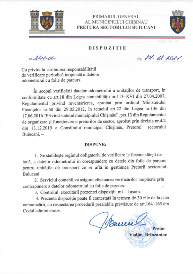Dispoziția nr. 241-d din 17.12.2021 Cu privire la atribuirea responsabilității de verificare periodică inopinată a datelor odometrului cu foile de parcurs.