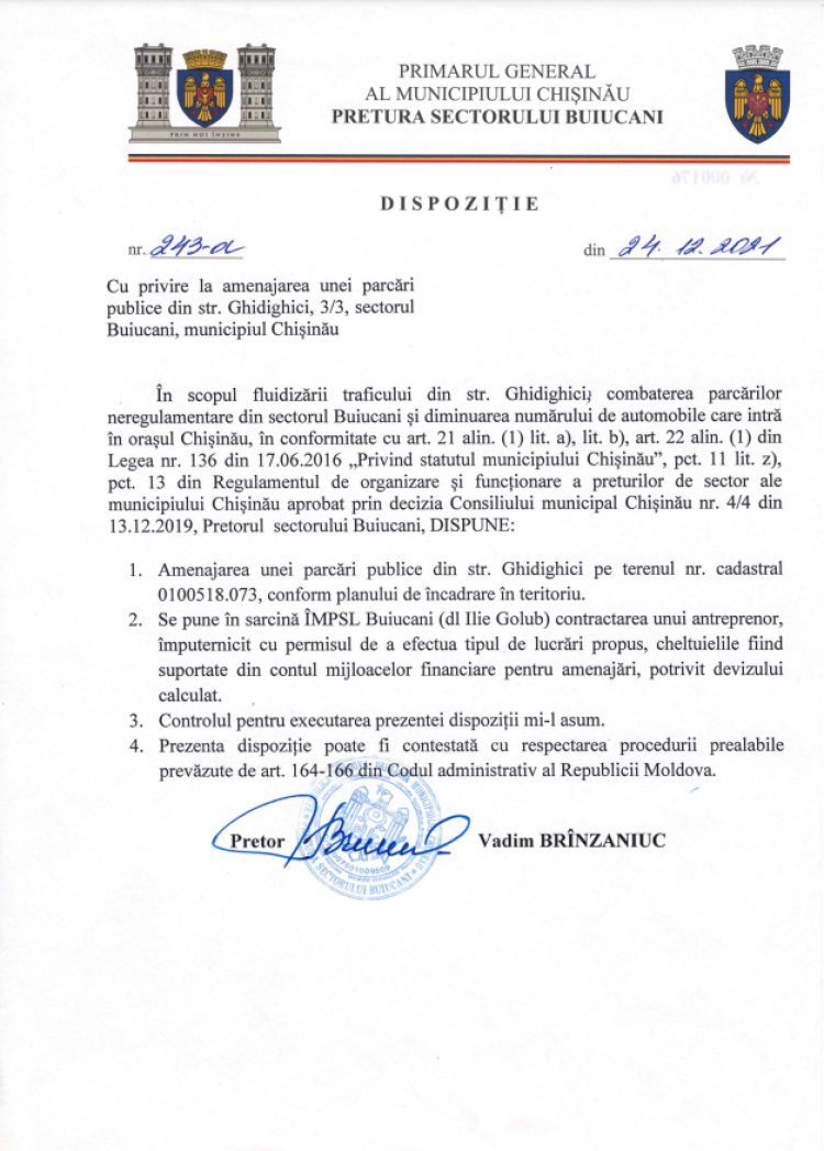 Dispoziția nr.243-d din 24.12.2021 Cu privire la amenajarea unei parcări publice din str. Ghidighici, 3/3, sectorul Buiucani, municipiul Chișinău.