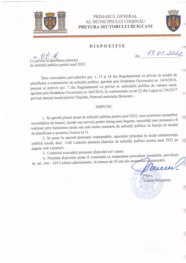 Dispoziția nr. 01-d din 13.01.2022 Cu privire la aprobarea planului de achiziții publice pentru anul 2022.