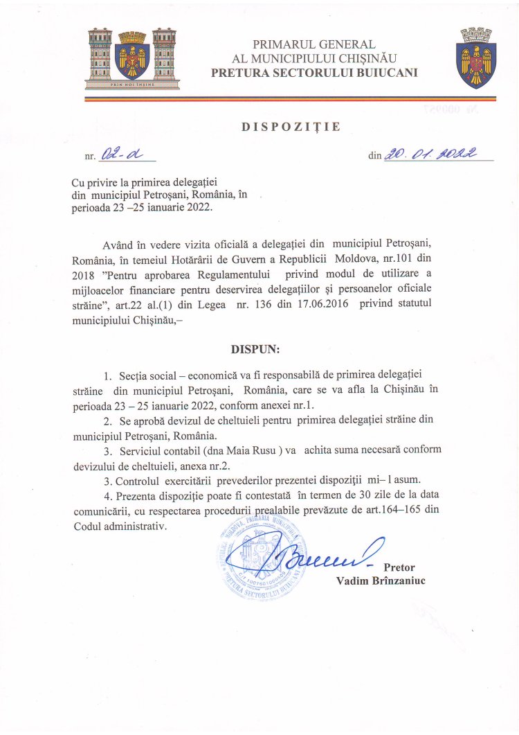 Dispoziția nr. 02-d din 20.01.2022 Cu privire la primirea delegației din municipiul Petroșani, Romînia, în perioada 23-25 ianuarie 2022.