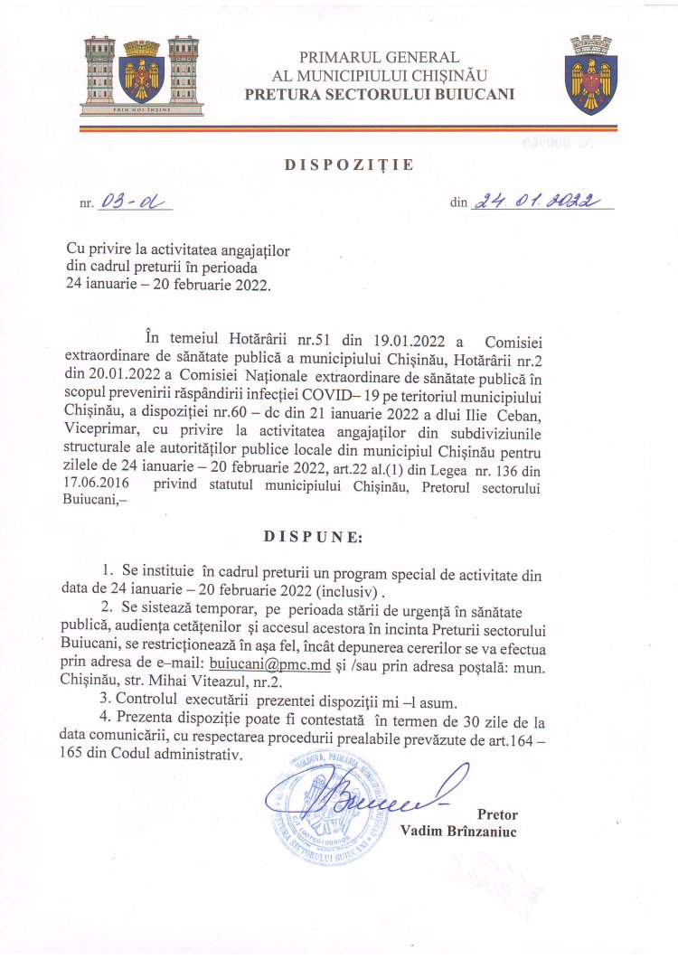 Dispoziția nr. 03-d din 24.01.2022 Cu privire la activitatea angajaților din cadrul preturii în perioada 24 ianuarie - 20 februarie 2022.