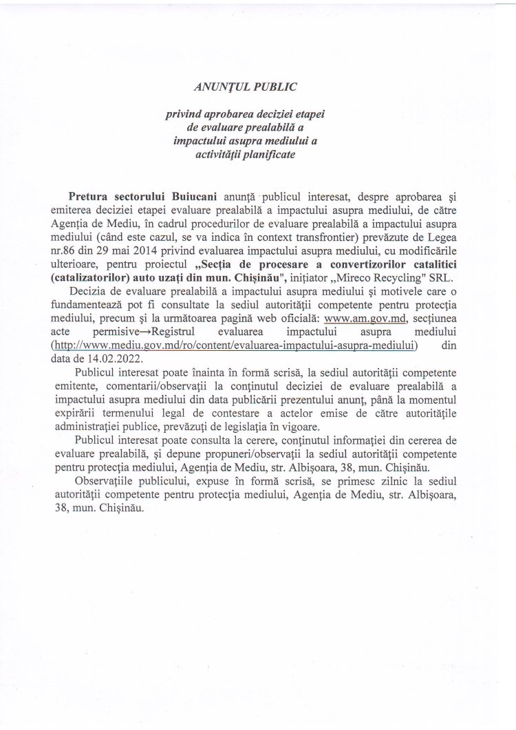 ANUNȚUL PUBLIC privind aprobarea deciziei etapei de evaluare prealabilă a impactului asupra mediului a activității planificate.  /" Mireco Recycling" SRL/