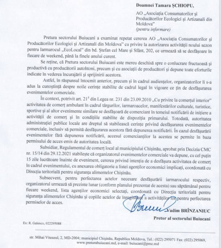 Precizările #PreturiiBuiucani privind autorizarea #EcoLocal Farmers Market Moldova Pe parcursul ultimilor ani, în sector...