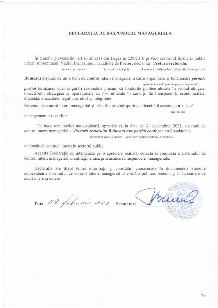 Declarația de răspundere managerială 2021, Pretura sectorului Buiucani.