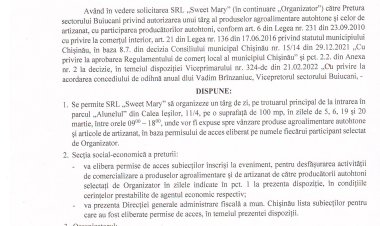 Dispoziția Nr. 07-d  din 21.02.2022 Cu privire la desfășurarea unui tîrg de zi a produselor agricole autohtone la Calea Ieșilor, 11/4.