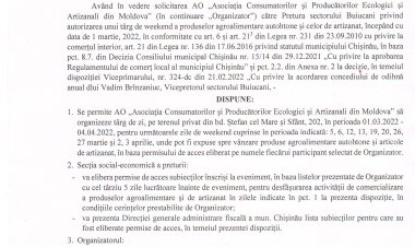 Dispoziția Nr. 08-d  din 22.02.2022 Cu privire  la desfășurarea  unui tîtg de zi a produselor agricole autohtone și de artizanat la bd. Ștefan cel Mare și Sfînt, 202.