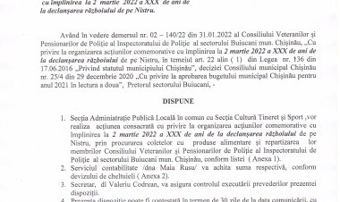 Dispoziția Nr. 09-d din 01.03.2022 Cu privre la organizarea acțiunilor comemorative cu împlinirea la 2 martie 2022 a XXX de ani de la declanșarea războiului de pe Nistru.