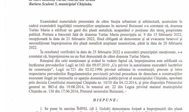 Dispoziția nr. 13 - d din 11.03.2022 Cu privire la demontarea împrejmuirii din plasă metalică amplasată neautorizat de către doamna Turlac Maria, din strada Bariera Sculeni, 5, municipiul Chișinău.