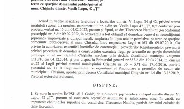 Dispoziția nr. 18 - d din 18.03.2022 Cu privire la demontarea șoproanelor improvizate și a dulapului metalic, amplasate în lipsa actelor permisive de către dna Tîseacenco Natalia, pe teren ce aparține domeniului public/privat al mun. Chișinău din str. Vasile Lupu, 42 "Ț"