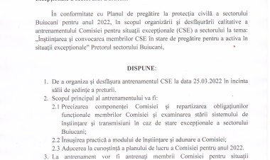 Dispoziția nr. 19 - d din nr. 18.03.2022 Cu privire  la organizarea și desfășurarea antrenamentului cu Comisia  pentru  situații excepționale a sectorului Buiucani.