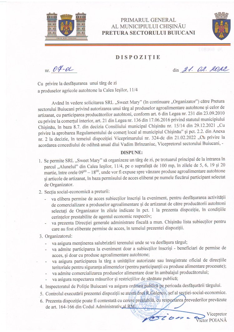 Dispoziția Nr. 07-d  din 21.02.2022 Cu privire la desfășurarea unui tîrg de zi a produselor agricole autohtone la Calea Ieșilor, 11/4.