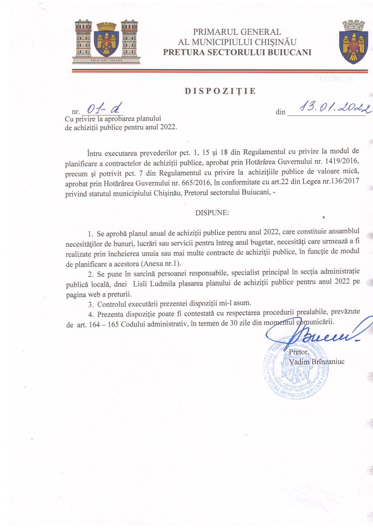 Dispoziție Nr.01-d din 13.01.2022 Cu privire la aprobarea planului de achiziții publice pentru anul 2022.