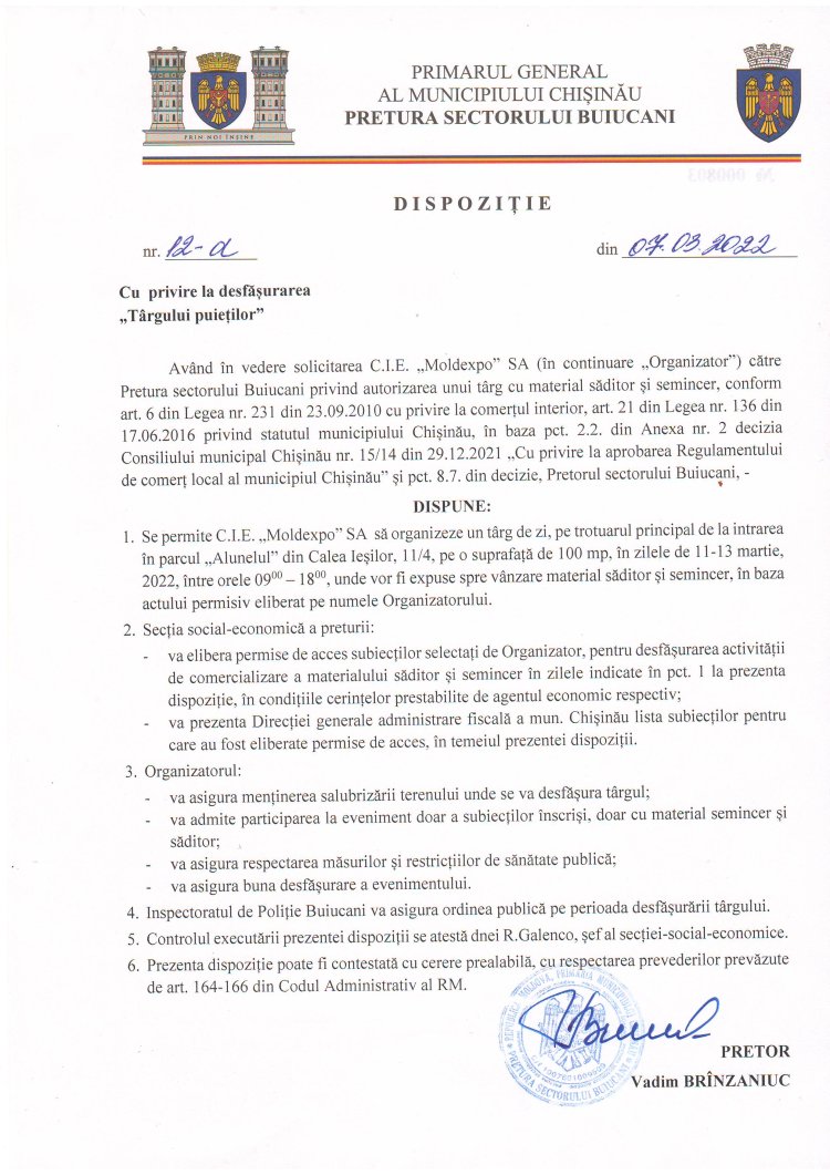 Dispoziția nr. 12 - d din 07.03.2022 Cu privire la desfășurarea  "Tîrgului puieților".