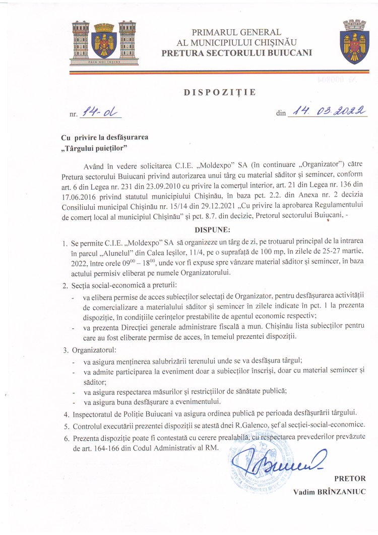 Dispoziția nr. 14 - d din 14.03.2022 Cu privire la desfășurarea "Tîrgului puieților ".