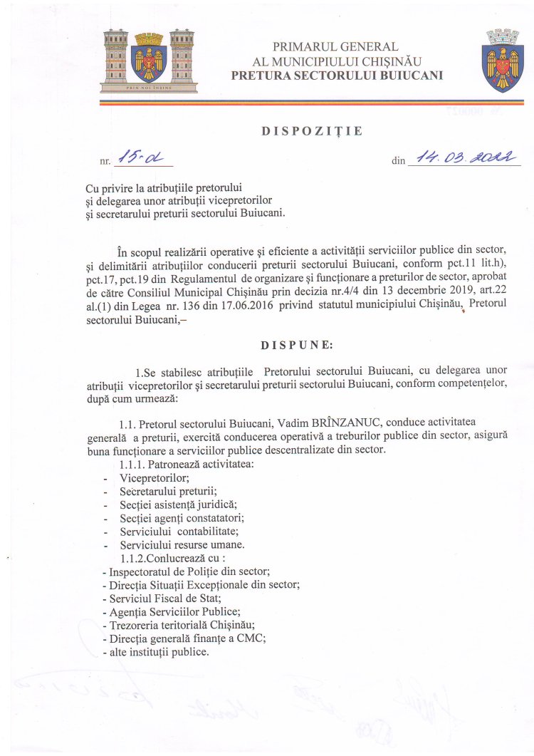 Dispoziția nr. 15 - d din 14.03.2022 Cu privire la atribuțiile pretorului și delegarea unor atribuții vicepretorilor și secretarului Preturii sectorului Buiucani.