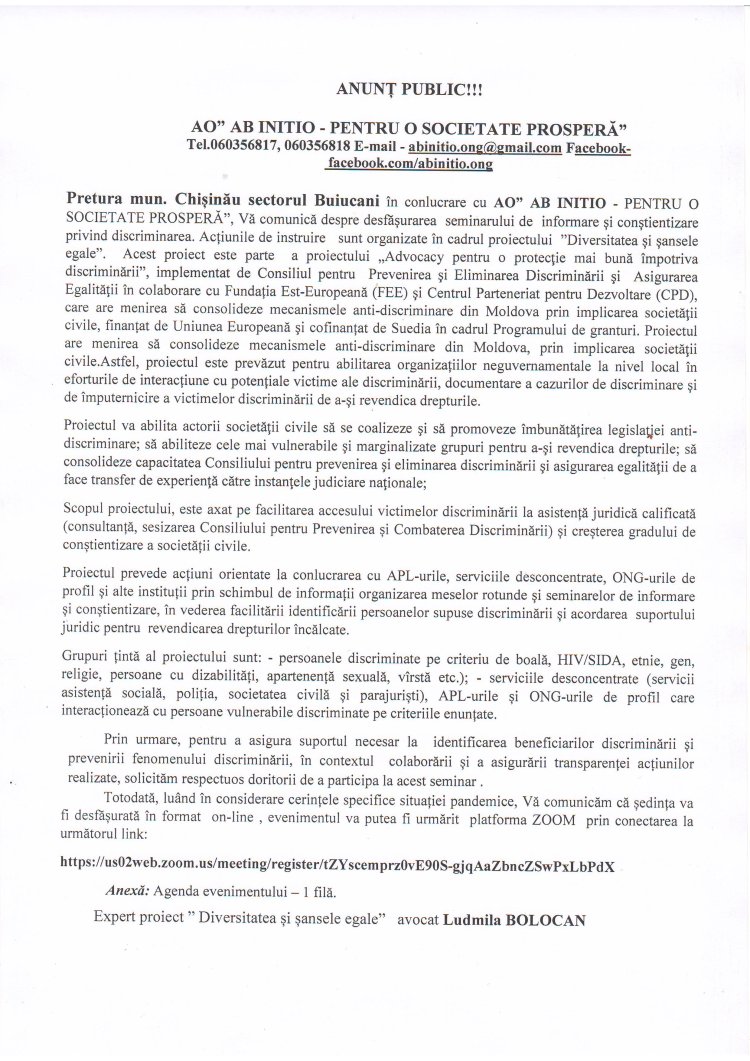 ANUNȚ PUBLIC  !!!   -   AO "AB  -  PENTRU O SOCIETATE PROSPERĂ" în colaborare cu Pretura sectorului Buiucani