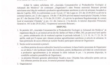 Dispoziția nr. 20 - d din 29.03.2022 Cuprivire la desfășurarea unui tîrg de zi a produselor agricole autohtone și de artizanat la bd. Ștefan cel Mare, 202.