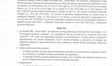 Dispoziția nr. 21 - d din 30.03.2022 Cu privire la desfășurarea unui tîrg a produselor agroalimentare autohtone la Calea Ieșilor, 11/4.