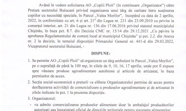 Dispoziția nr. 22 - d din 01.04.2022 Cu privire la desfășurarea unui tîrg de caritate în Parcul "Valea Morilor".