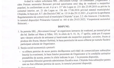 Dispoziția nr. 25 - d din 07.04.2022 Cu privire la desfășurarea unui iarmaroc de weekend a meșterilor populari la bd. Ștefan cel Mare și Sfînt, 103.