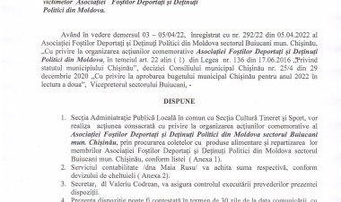 Dispoziția nr. 26 - d din 08.04.2022 Cu privire la organizarea acțiunilor comemorative victimelor Asociației Foștilor Deportați și Deținuți Politici din Moldova.