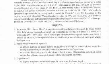 Dispoziția nr. 28 - d din 20.04.2022 Cu privire la desfășurarea unui tîrg a produselor agroalimentare autohtone la Calea Ieșilor, 11/4.