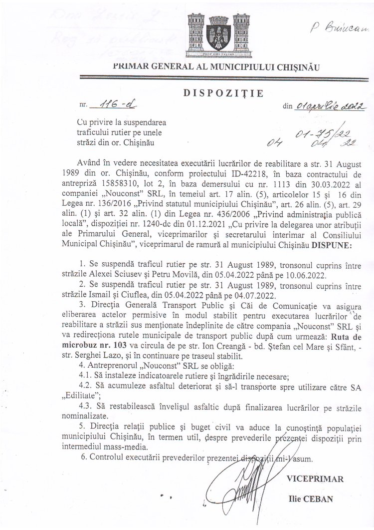 Dispoziția nr.116 - d  din 01.04.2022 Cu privire la suspendarea traficului rutier pe unele străzi din or. Chișinău