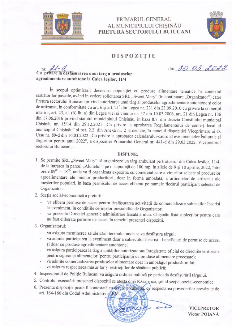 Dispoziția nr. 21 - d din 30.03.2022 Cu privire la desfășurarea unui tîrg a produselor agroalimentare autohtone la Calea Ieșilor, 11/4.