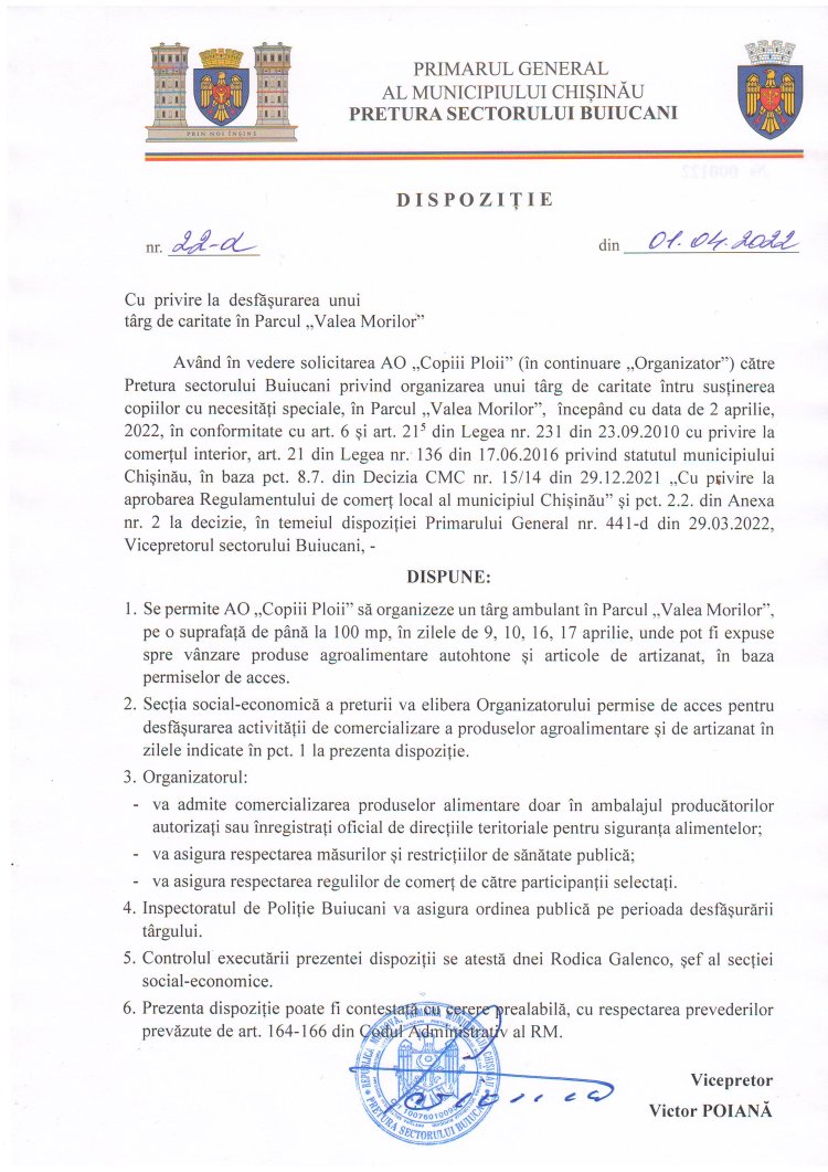 Dispoziția nr. 22 - d din 01.04.2022 Cu privire la desfășurarea unui tîrg de caritate în Parcul "Valea Morilor".