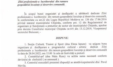 Dispoziția nr. 29 - d din 22.04.2022 Cu privire la organizarea și desfășurarea manifestării cultural-artistice dedicate Zilei profesionale a lucrătorului din ramura gospodăriei locuințe și deservire comunală.