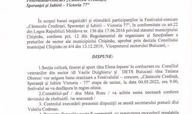 Dispoziția nr. 30 - d din 22.04.2022 Cu privire la organizarea și desfășurarea  Festivalului - concurs "Cîntecele Credinței, Speranței și Iubirii - Victoria 77".