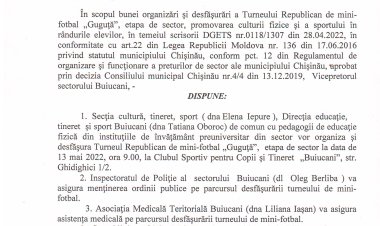 Dispoziția nr. 31 - d din 05.05.2022 Cu privire la organizarea și desfășurarea Turneului Republican de mini-fotbal "Guguță", etapa de sector.