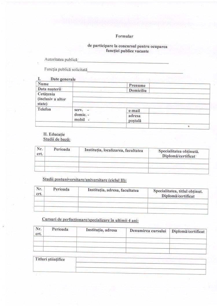 FORMULAR DE PARTICIPARE LA CONCURSUL PENTRU OCUPAREA FUNCȚIEI PUBLICE VACANTE.